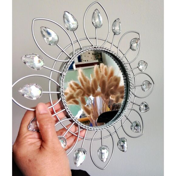 Round Wall Accent Decorative Mirror Silver Metal Flower Rhinestone 9.5" - Picture 1 of 13